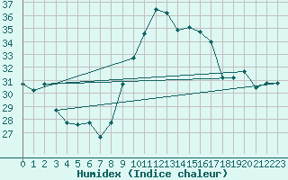 Courbe de l'humidex pour Ile du Levant (83)