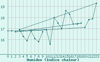 Courbe de l'humidex pour Shoream (UK)