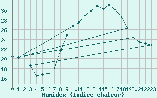 Courbe de l'humidex pour Caceres