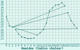 Courbe de l'humidex pour Tauxigny (37)